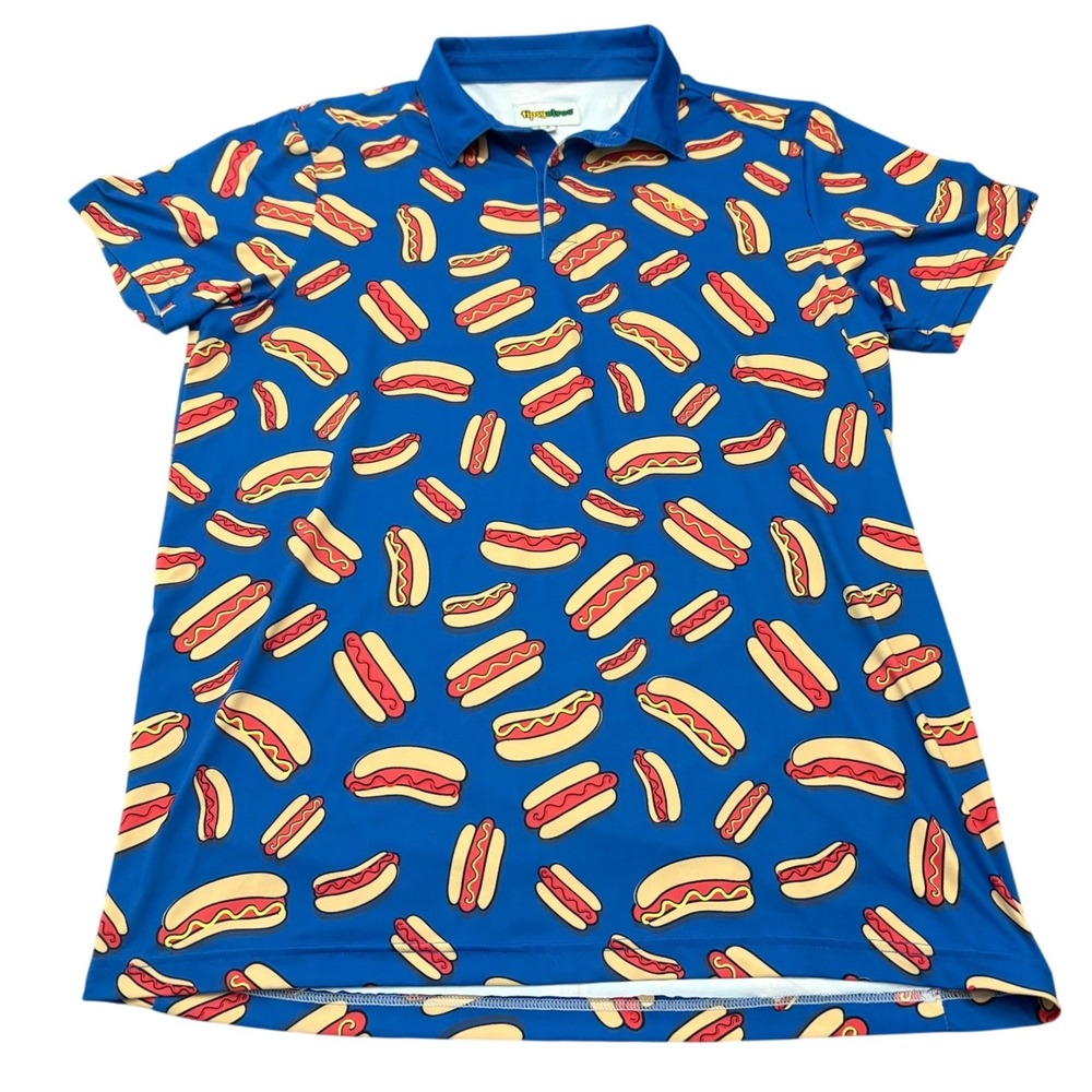 Tipsy Elves Hot Dog Print Golf Polo Shirt Men XL Blue Performance‎ Novelty